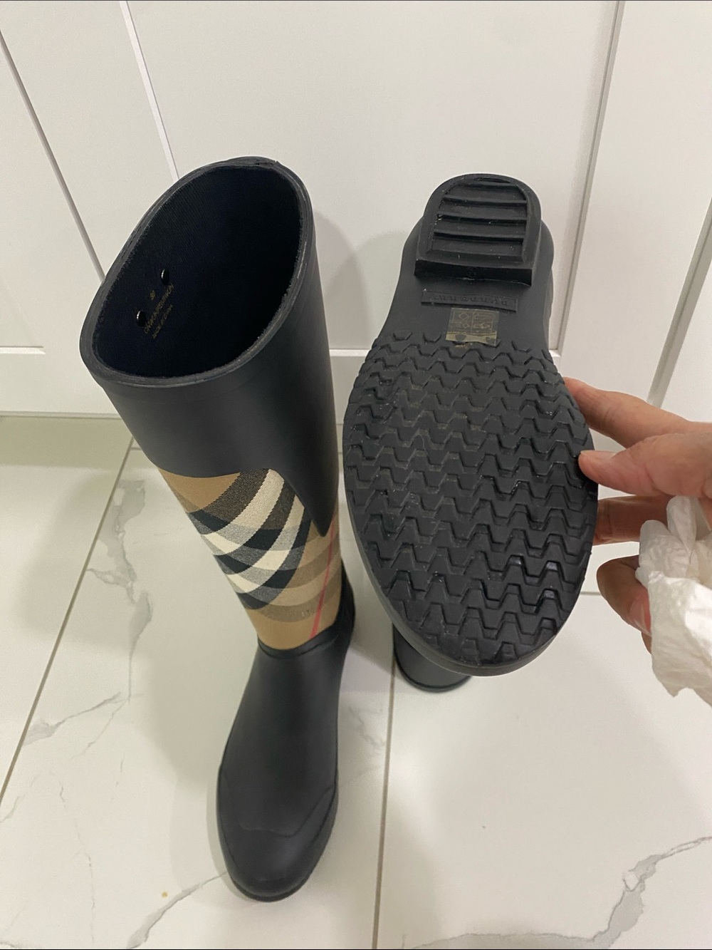 Burberry Black and Tan Check Tall Rain Boots - Picture 6 of 6